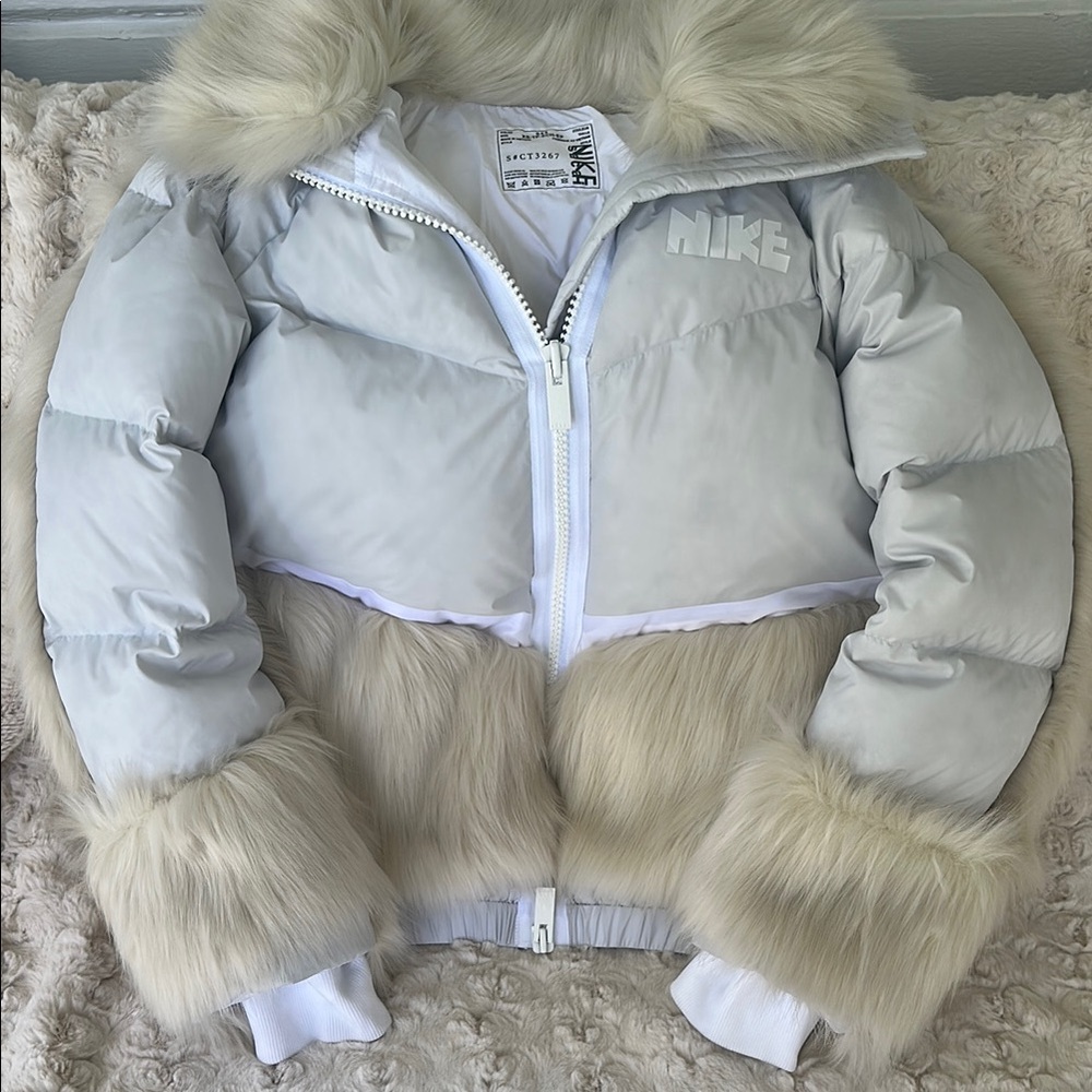 Nike X Sacai White and Cream Fur-Trimmed Puffer Jacket
